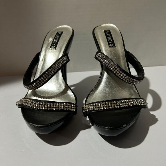 Playboy, Strappy Rhinestone 5.5" Black and Silver Heels, sz 9, Y2K - Picture 4 of 8